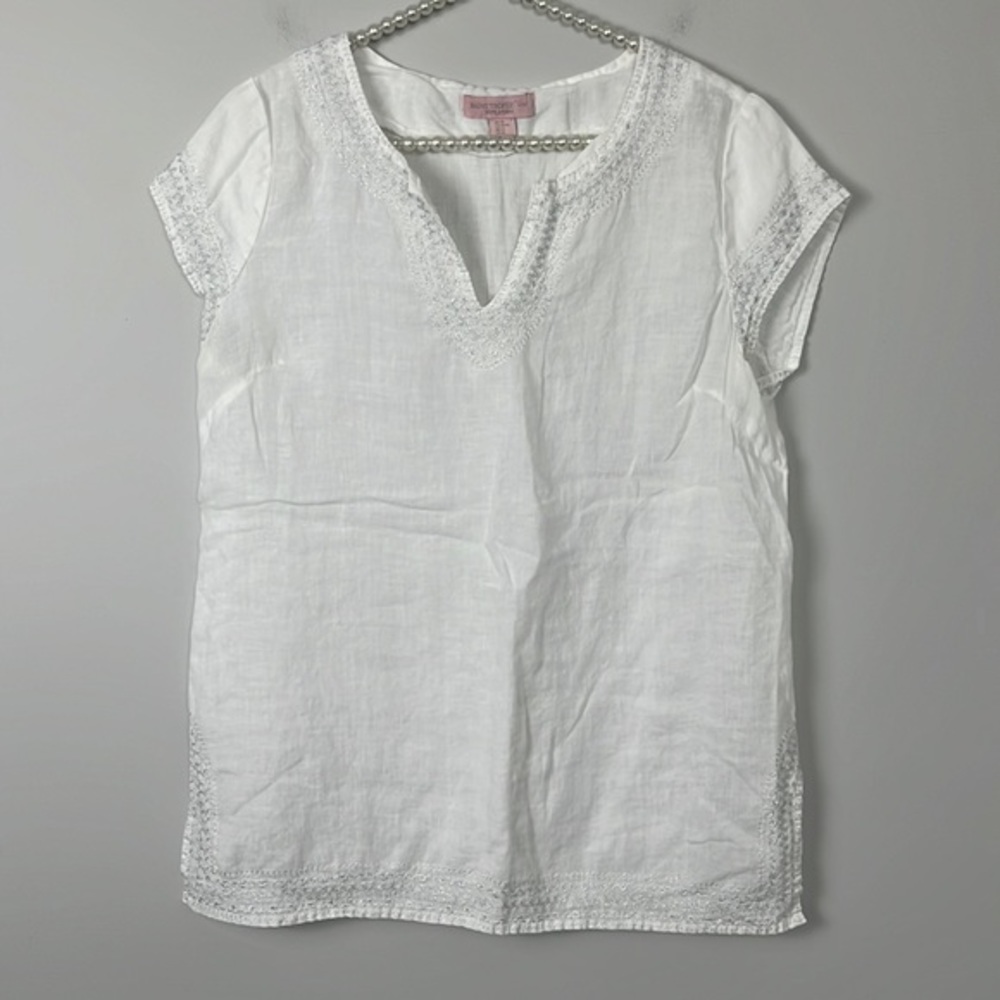 Saint Tropez West White Linen Crochet-Trim Cap Sleeve Top